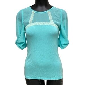 Society Girl Turquoise Chiffon Lace Top Size Medium